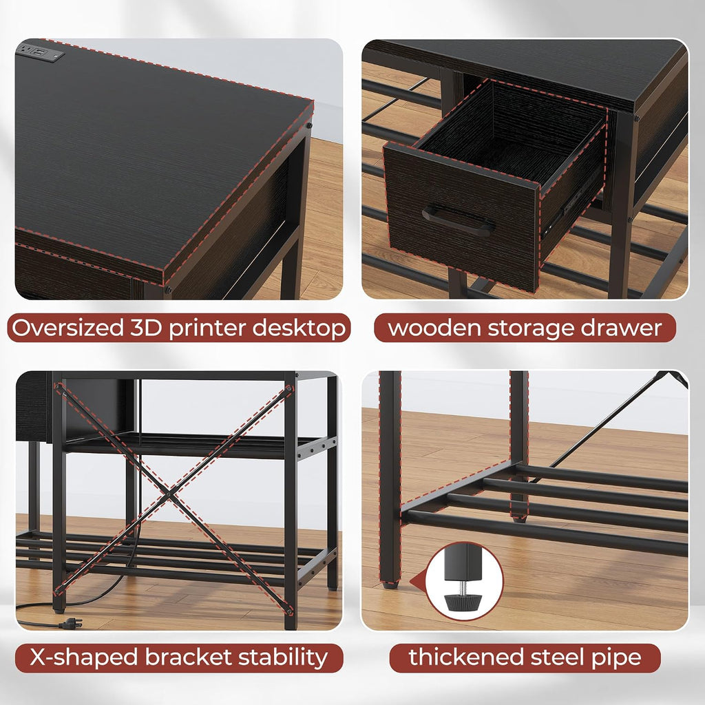 3D Printer Stand with Filament Storage – Heavy Duty Metal 3D Printer Table with Drawer and Power Hub for Workshop, Studio, and Office