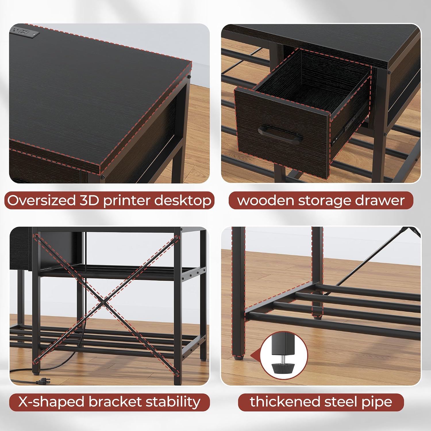 3D Printer Stand with Filament Storage – Heavy Duty Metal 3D Printer Table with Drawer and Power Hub for Workshop, Studio, and Office