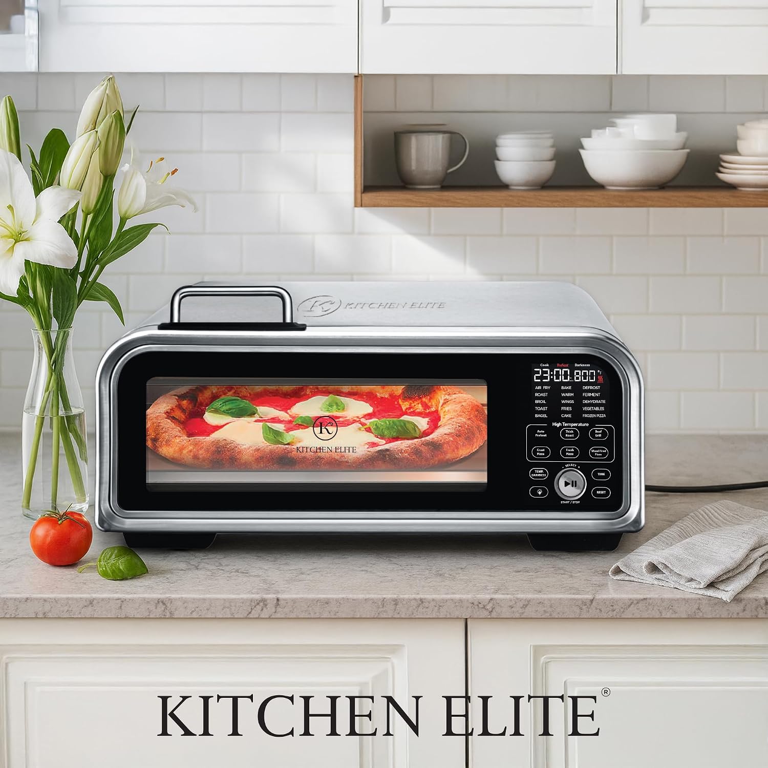 Kitchen Elite 15 in 1 Digital Toaster Oven Air Fryer Combo with Touch Panel and 12 Inch Pizza Capacity, Stainless Steel, Silver