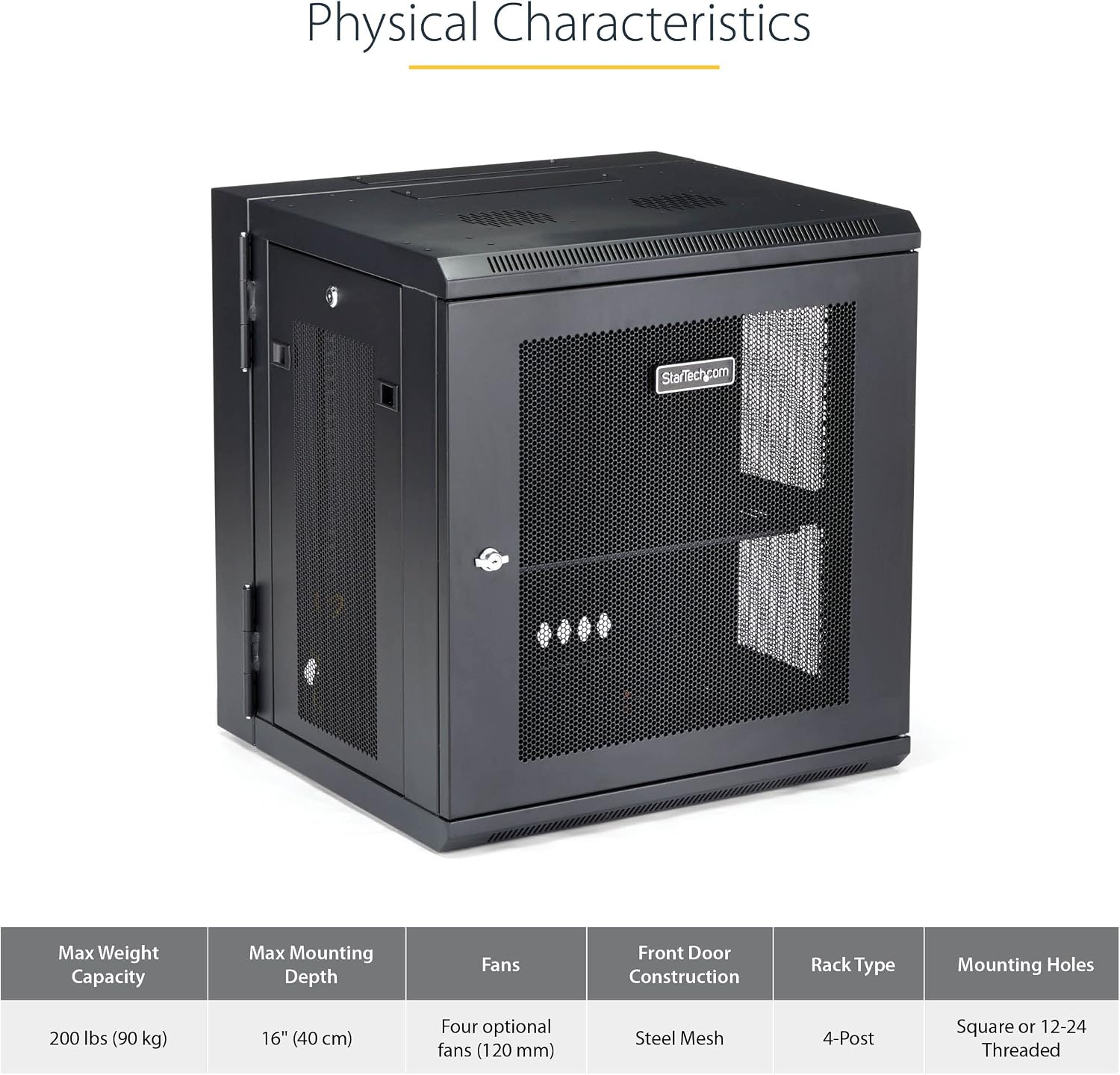 StarTech 4-Post 12U Wall Mount Network Cabinet with 1U Shelf, 19in Wall-Mounted Server Rack Kit, Up to 16in Mounting Depth, Ships Fully Assembled