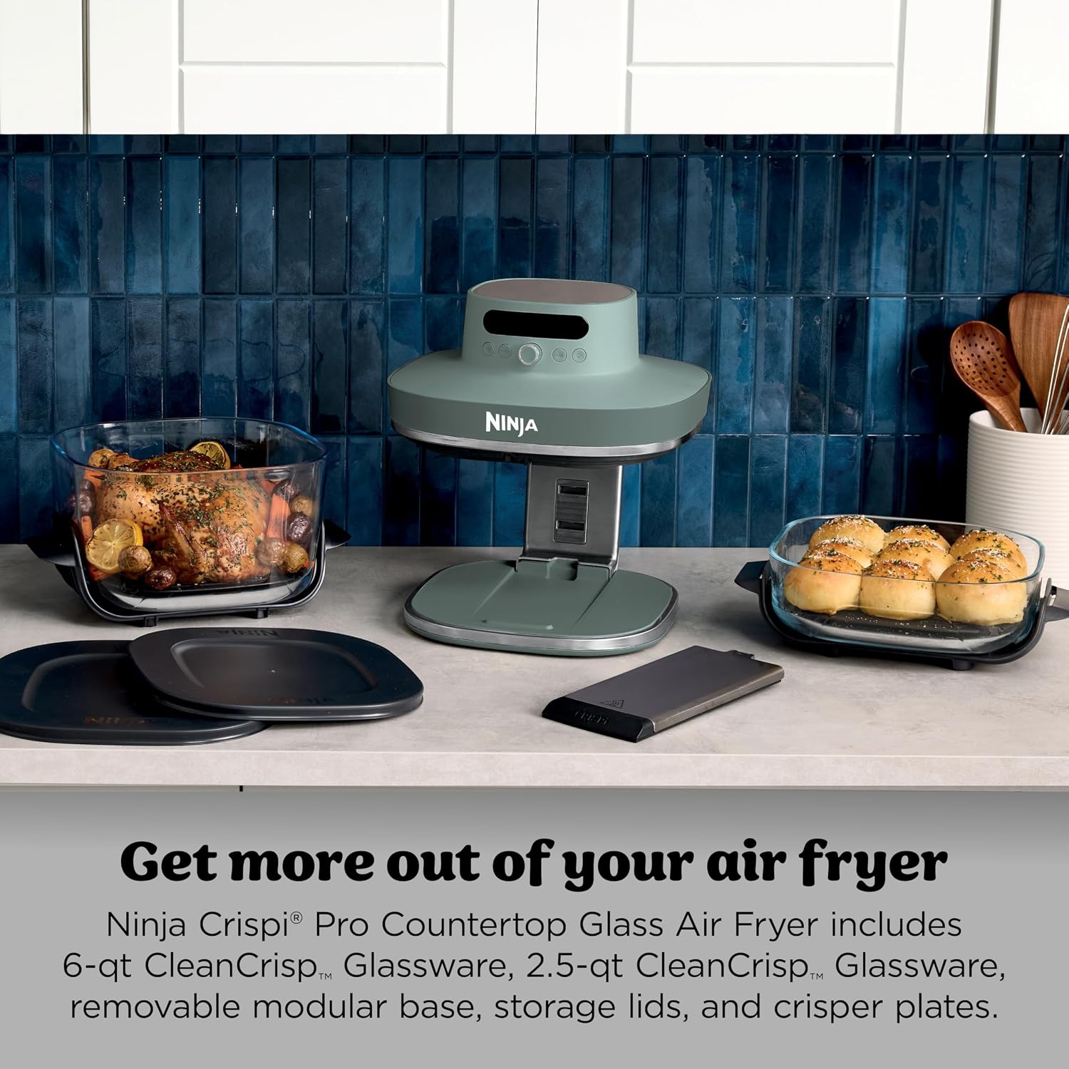 Ninja Crispi Pro 6-in-1 Glass Air Fryer | 450°F, Nontoxic, 6qt & 2.5qt Containers & Lids | Microwave, Freezer, Dishwasher Safe | Max Crisp, Air Fry, Bake, Roast, Recrisp, Dehydrate | Ash Grey, AS101DG