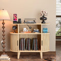 LUVIOHOME Large Round Record Player Stand with Charging Station & USB Ports，Record Storage Cabinet, Mid Century Modern Turntable Stand for Bedroom Living Room (Small Oak)