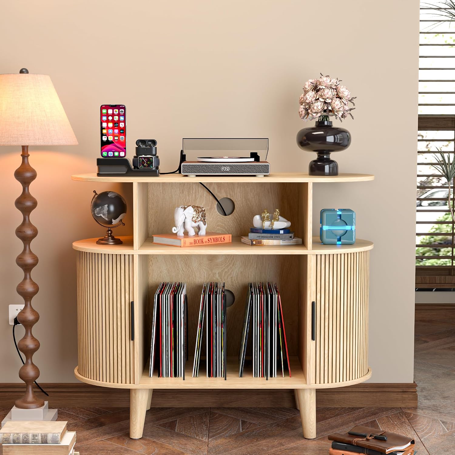 LUVIOHOME Large Round Record Player Stand with Charging Station & USB Ports，Record Storage Cabinet, Mid Century Modern Turntable Stand for Bedroom Living Room (Small Oak)