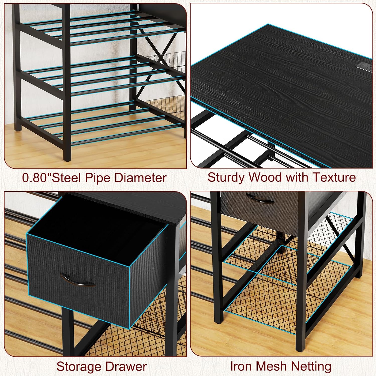 3D Printer Stand with Filament Storage Rack, Black 3D Printer Table with Power Outlet, 3-Tier Filament Holder with Drawer, 3D Printer Filament Stand Organized for Office Workshop Studio