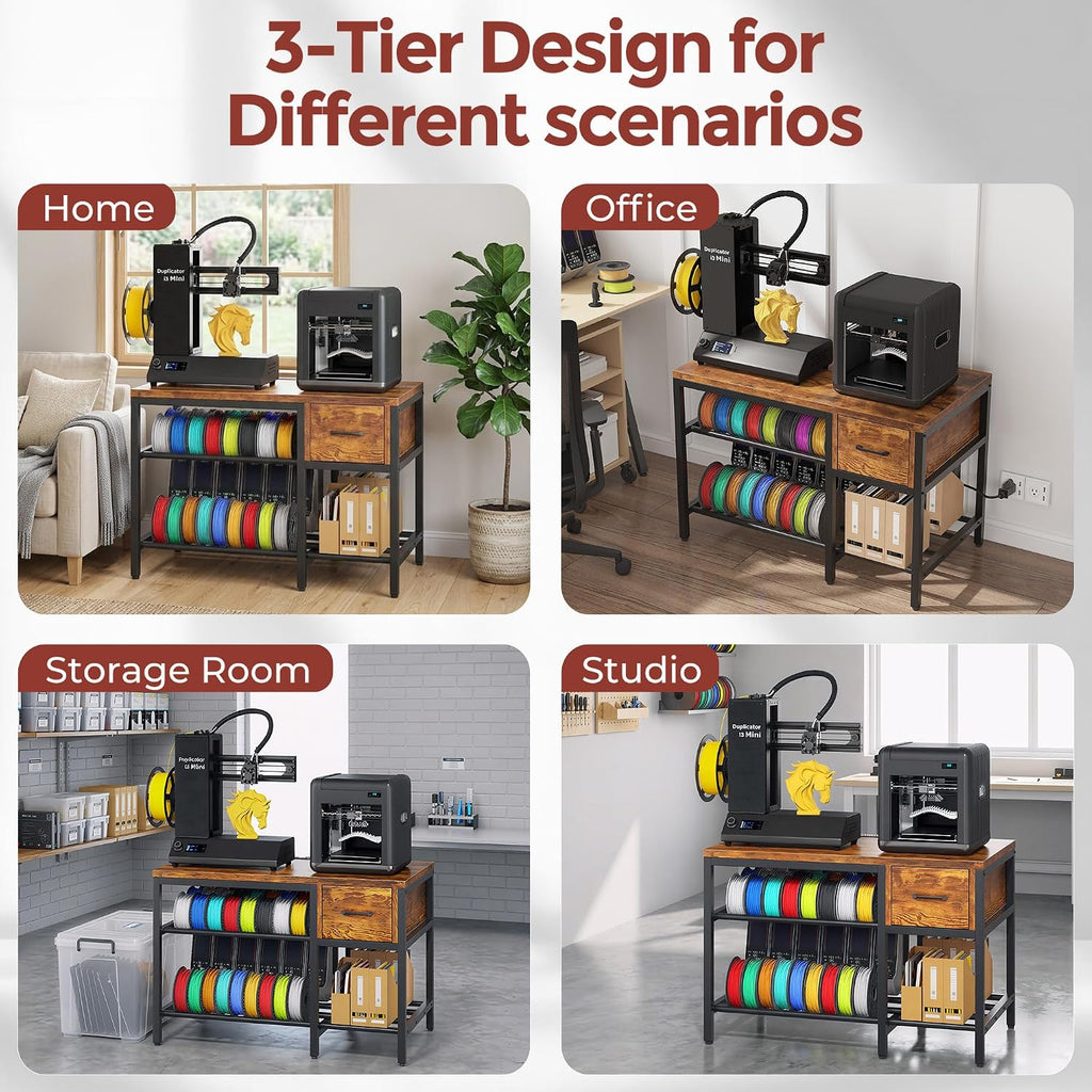 3D Printer Stand with Filament Storage – Heavy Duty Metal 3D Printer Table with Drawer and Power Hub for Workshop, Studio, and Office