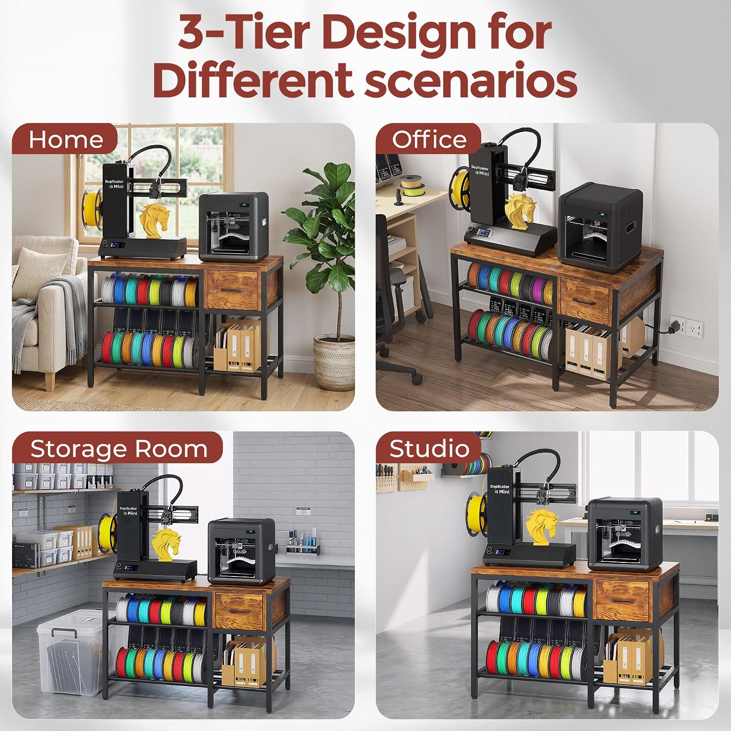 3D Printer Stand with Filament Storage – Heavy Duty Metal 3D Printer Table with Drawer and Power Hub for Workshop, Studio, and Office