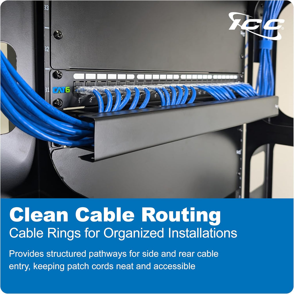 ICC 1U Ring Cable Manager Panel with Cover, Metal, 3' Cable Distribution D Rings, Horizontal Cable Management, Rackmount for 19' Network Racks, Black, 6-Pack