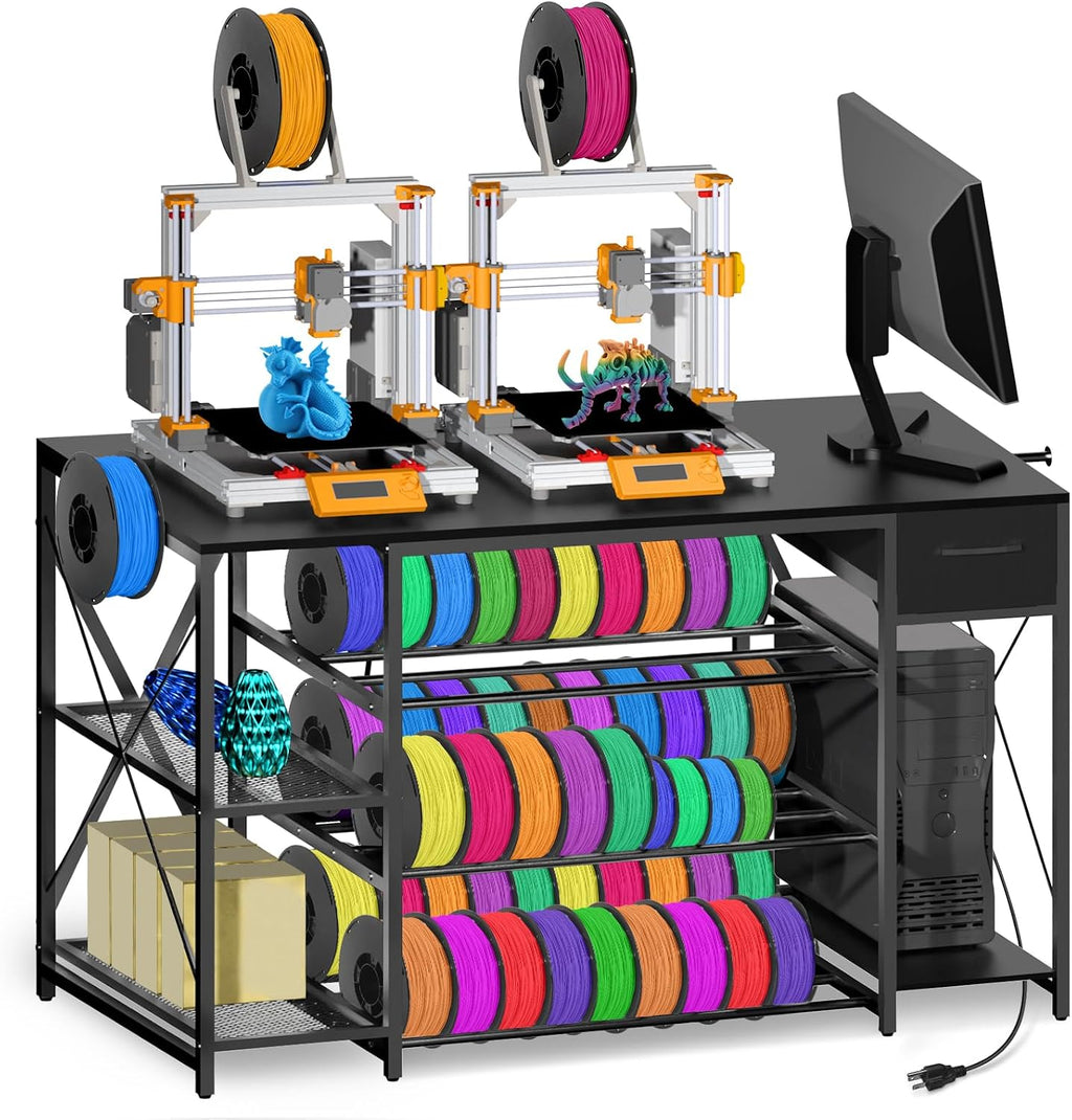 Heavy Duty 3D Printer Table with Storage, Large 4-Tier 3D Printer Stand with Power Outlet & Drawer, Sturdy Wooden Desk & Metal Filament Rack for Workshop, Home Office Black