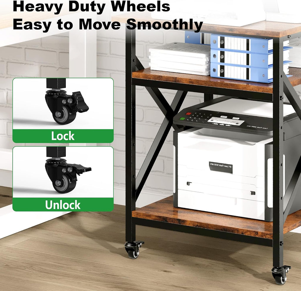 3 Tier Printer Stand, Large Table with Wheels, Rolling Cart with Height Adjustable Middle Storage Shelf, 23.6 x 23.6 x 30.3 Inches Shelf for Home Office, Vintage Brown
