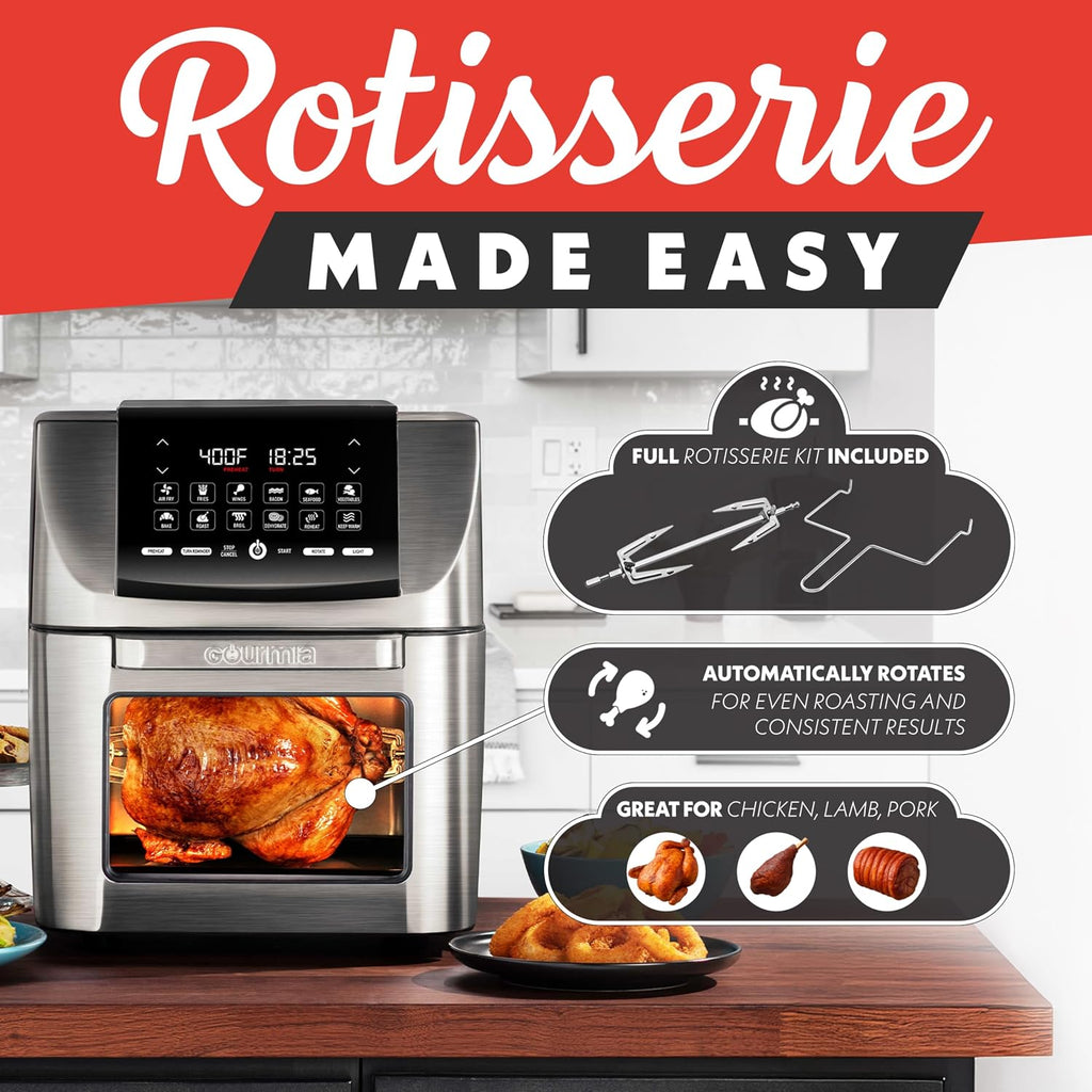 Gourmia Air Fryer - 14 Qt All-in-One Rotisserie Oven with Digital Display, 12 Presets, Roast, Bake, Broil, Dehydrate, Dishwasher Safe Accessories, Stainless Steel