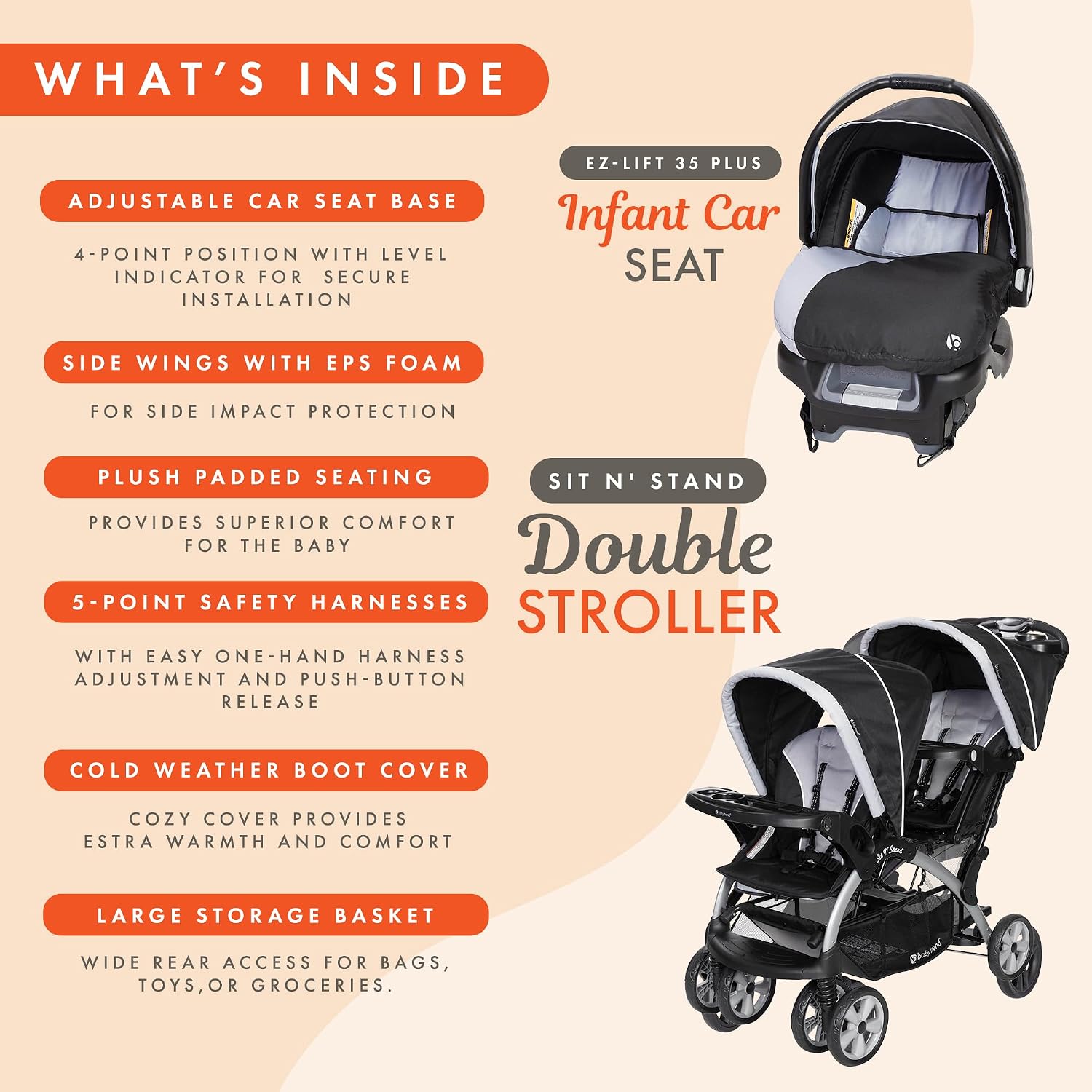Baby Trend Infant and Toddler Double Stroller & 2 Car Seat Combo, 3 Pc Set, Stormy - Portable and Lightweight Stroller Duo and Car Seat Travel System Tandem
