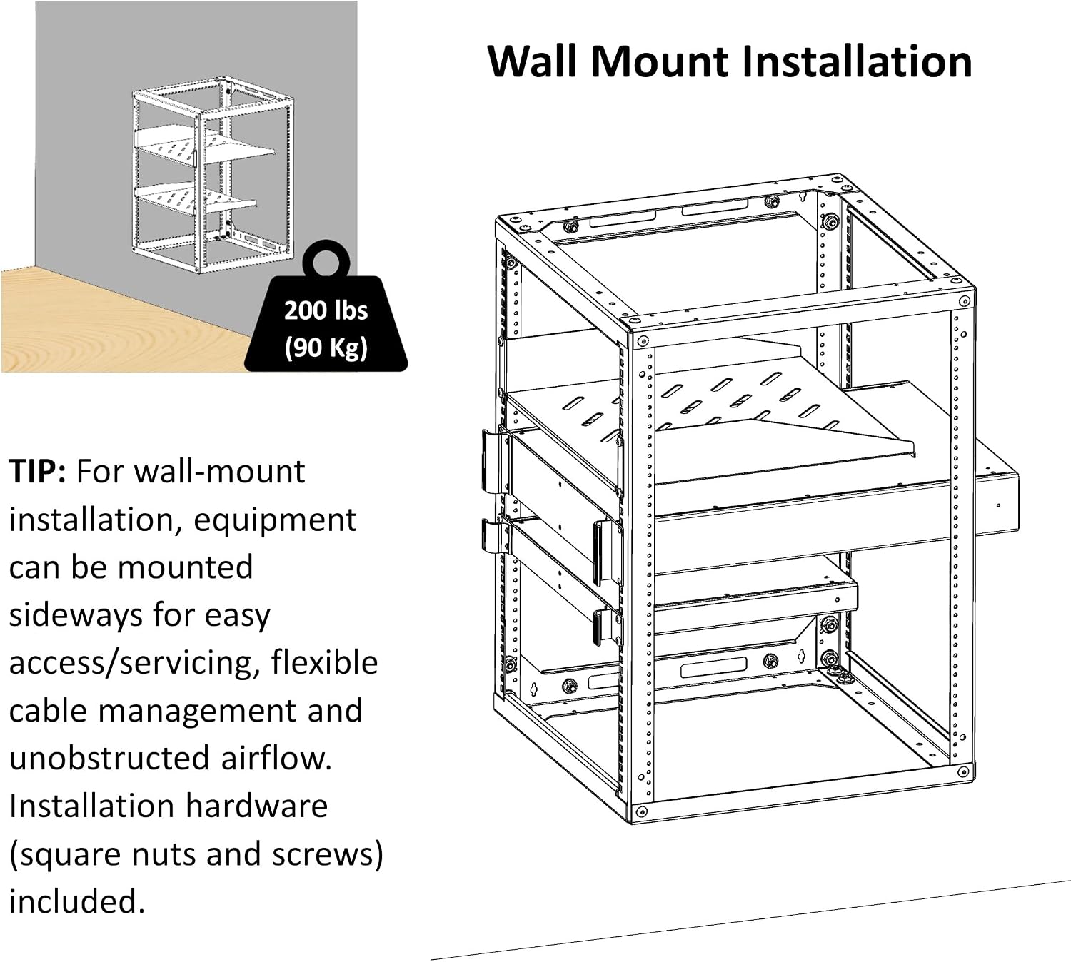 AEONS 15U Open Frame Network Server Rack 19-inch 4 Post AV Rack with Casters for Floor Standing and Wall Mount, Side Load for Extra Depth– Complete Kit with 1U and 2U Vented Shelves, Black