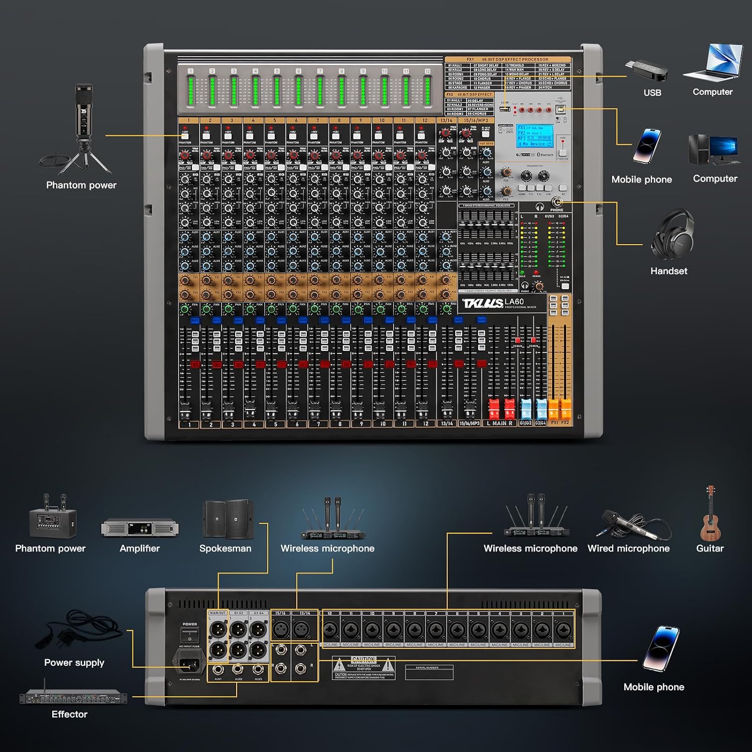 12 Channel Audio Mixer for Recording, USB Mixing Console with 99 DSP Effects, 48V Phantom Power, XLR Inputs for Studio, Streaming, Content Creation