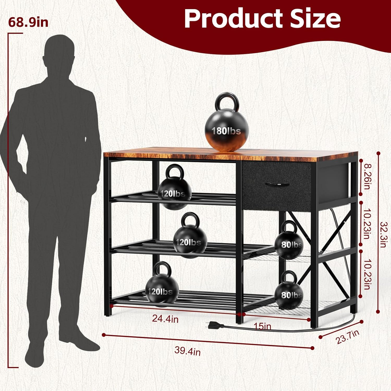 3D Printer Stand with Filament Storage Rack, 3D Printer Table with Power Outlet, 3-Tier Filament Holder with Drawer, 3D Printer Filament Stand Organized for Office Workshop Studio Office