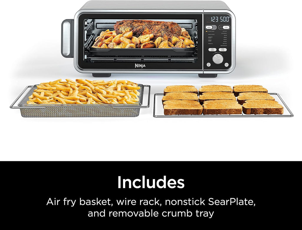 Ninja SP301 Dual Heat Air Fry Countertop 13-in-1 Oven with Extended Height, XL Capacity, Flip Up & Away Capability for Storage Space, with Air Fry Basket, SearPlate, Wire Rack & Crumb Tray, Silver