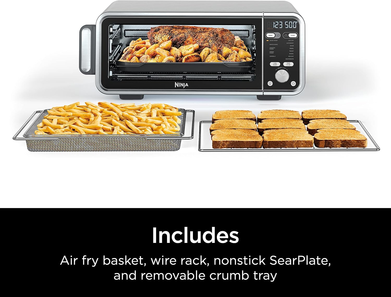 Ninja SP301 Dual Heat Air Fry Countertop 13-in-1 Oven with Extended Height, XL Capacity, Flip Up & Away Capability for Storage Space, with Air Fry Basket, SearPlate, Wire Rack & Crumb Tray, Silver