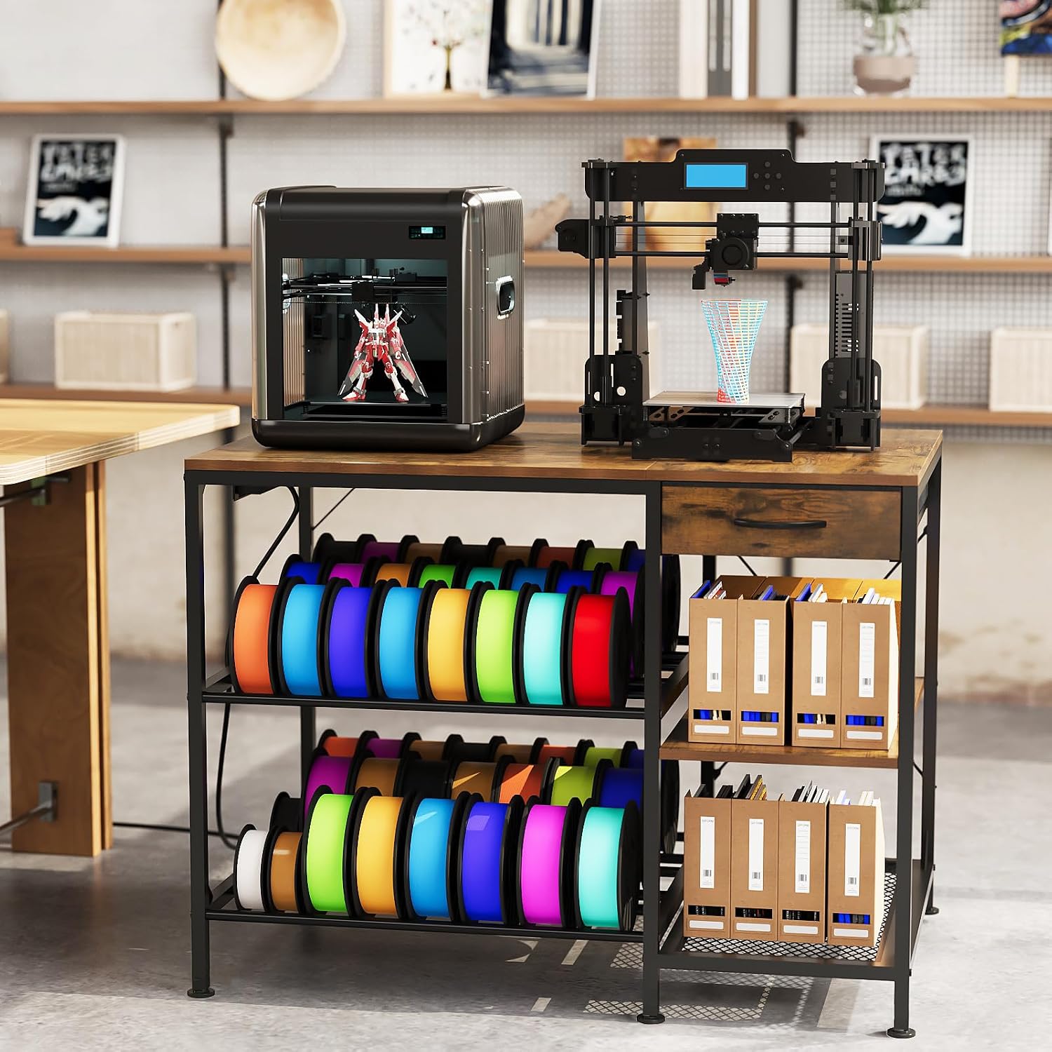 3D Printer Table with Filament Storage, 3-Tier 3D Printer Stand with Power Outlet & Drawer, Heavy Duty 3D Printer Rack for Workshop Studio Office (Brown)