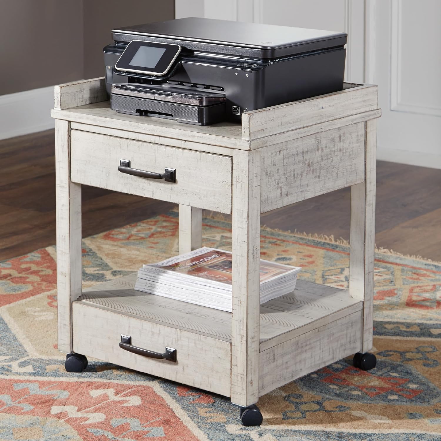 Signature Design by Ashley Carynhurst Rustic Farmhouse Printer Stand with Casters, Whitewash