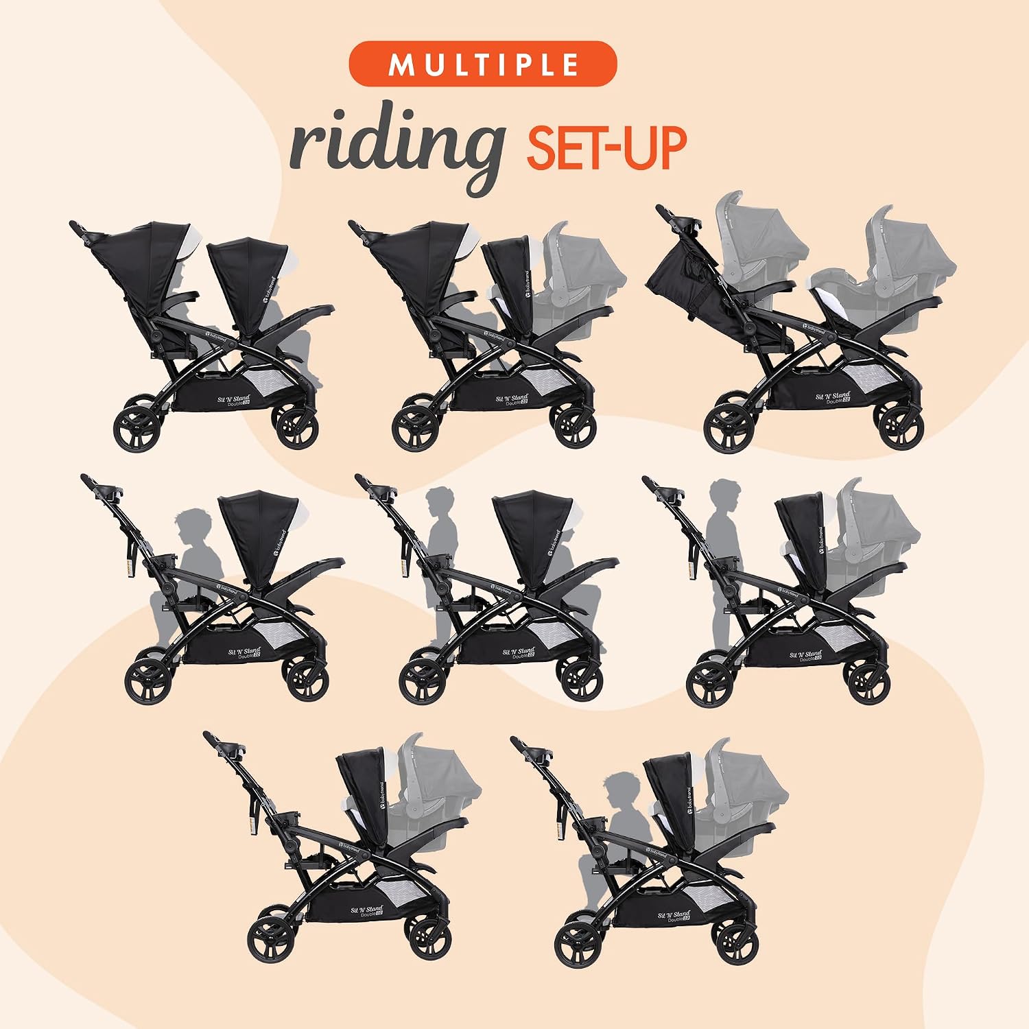 Baby Trend Sit N Stand Double Stroller & 2-Pack EZ Lift Plus Infant Car Seat, Modern Khaki - Convertible Tandem Travel System Combo for Newborn and Toddler, Foldable and Compact Design