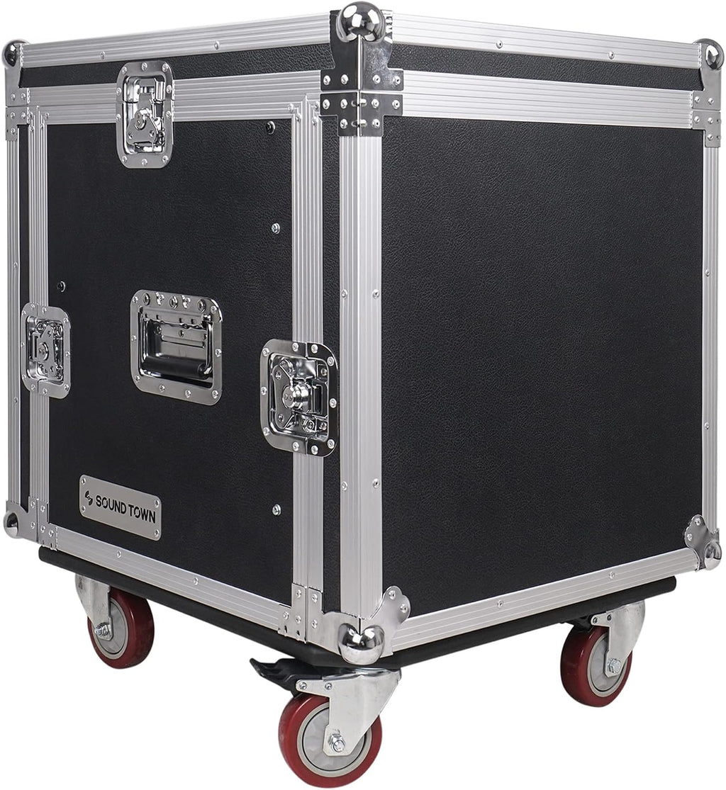 Sound Town High-Quality 1/2' (12mm) Plywood 10U PA DJ Pro Audio Rack/Road ATA Case with 11U Slant Mixer Top, Locking Drawer, 20'' Rackable Depth and Casters (STMR-10D2)
