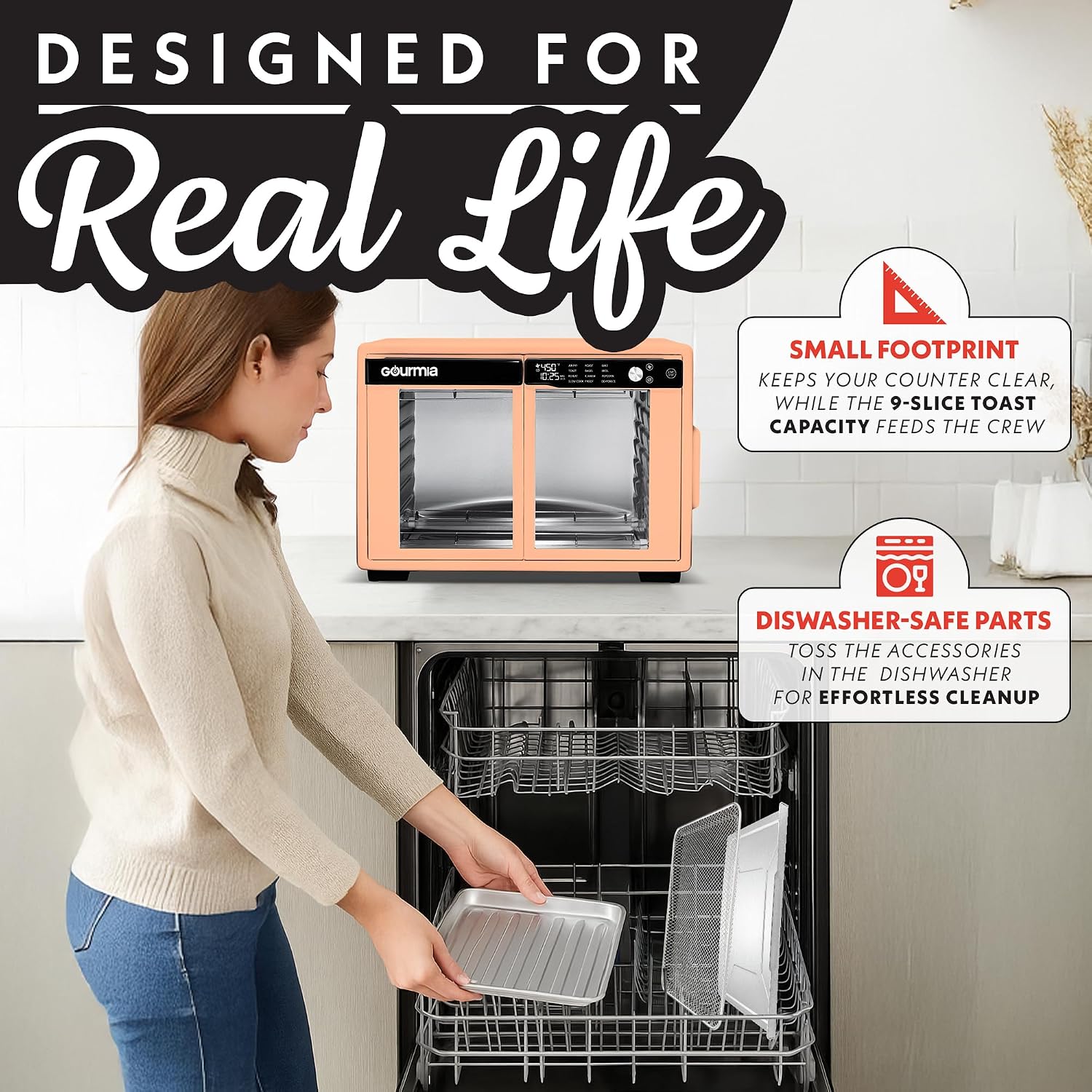 Gourmia French Door Air Fryer Oven - 37 Qt Large Capacity Convection Toaster Oven, FryForce 360°, Digital Display, 12 Cooking Presets, Dehydrate, Fits 13' Pizza, Dishwasher-Safe, Peach