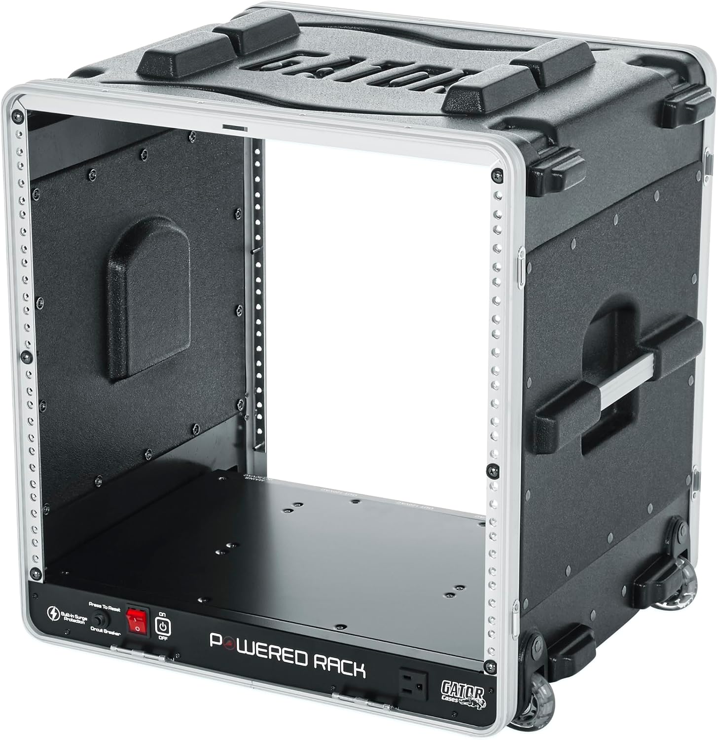 Gator Cases Lightweight Molded 10U Rack Case with Built-in Power Supply, Heavy Duty Latches, Retractable Tow Handle, and Recessed Wheels, 19.25' depth (GRR-10PL-US)