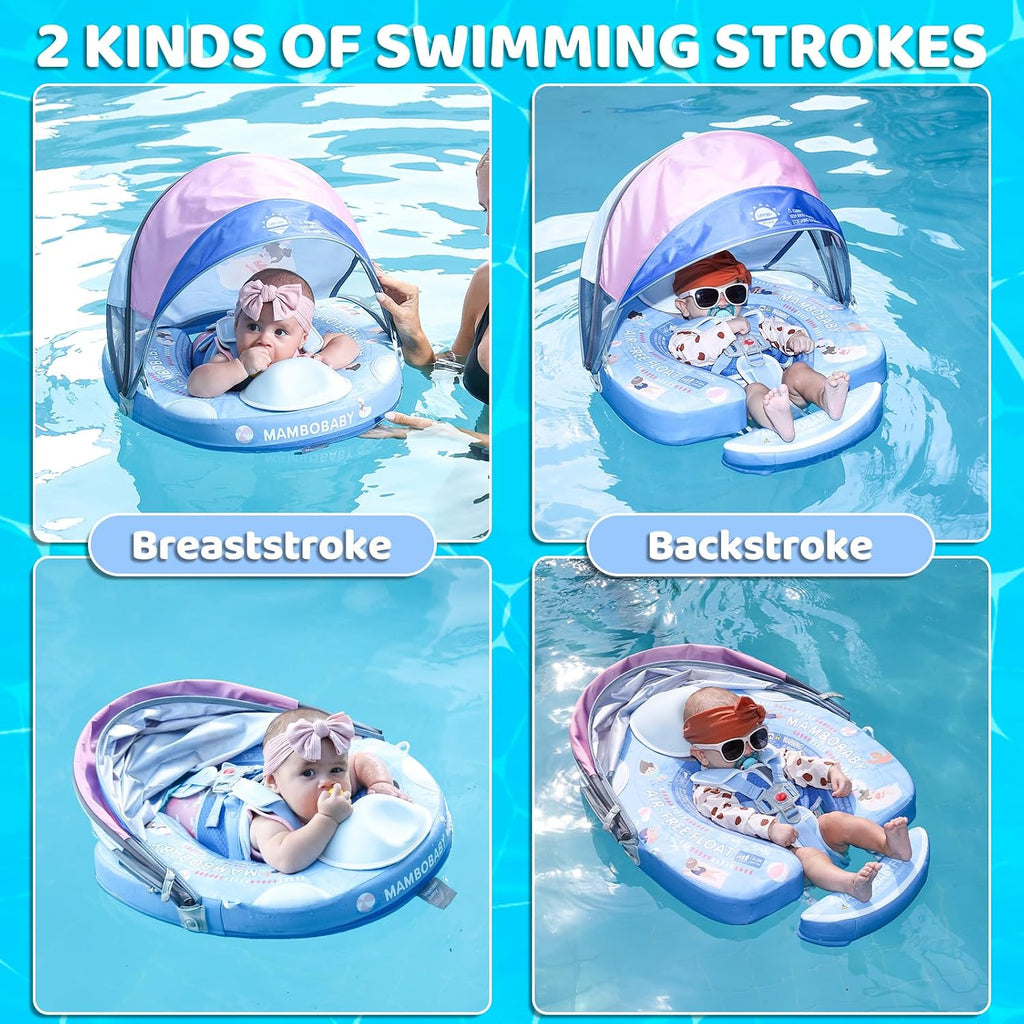 Mambobaby Baby Float with Canopy & Tail Non-Inflatable Baby Swim Float Upgrade Soft Infant Pool Float Sun Protection Newborn Pool Float 3-24 Months Skin-Friendly Material for Toddler Boys Girls