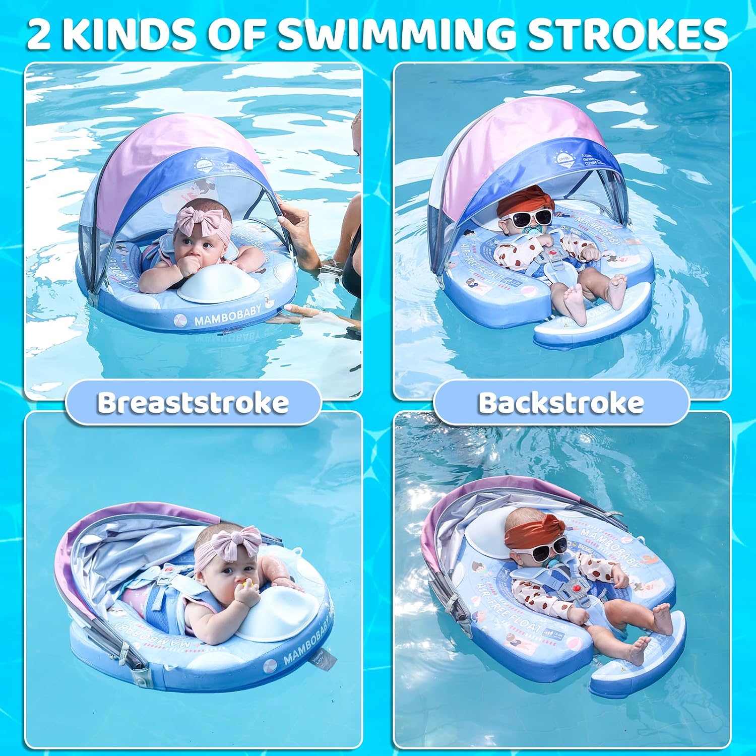 Mambobaby Baby Float with Canopy & Tail Non-Inflatable Baby Swim Float Upgrade Soft Infant Pool Float Sun Protection Newborn Pool Float 3-24 Months Skin-Friendly Material for Toddler Boys Girls
