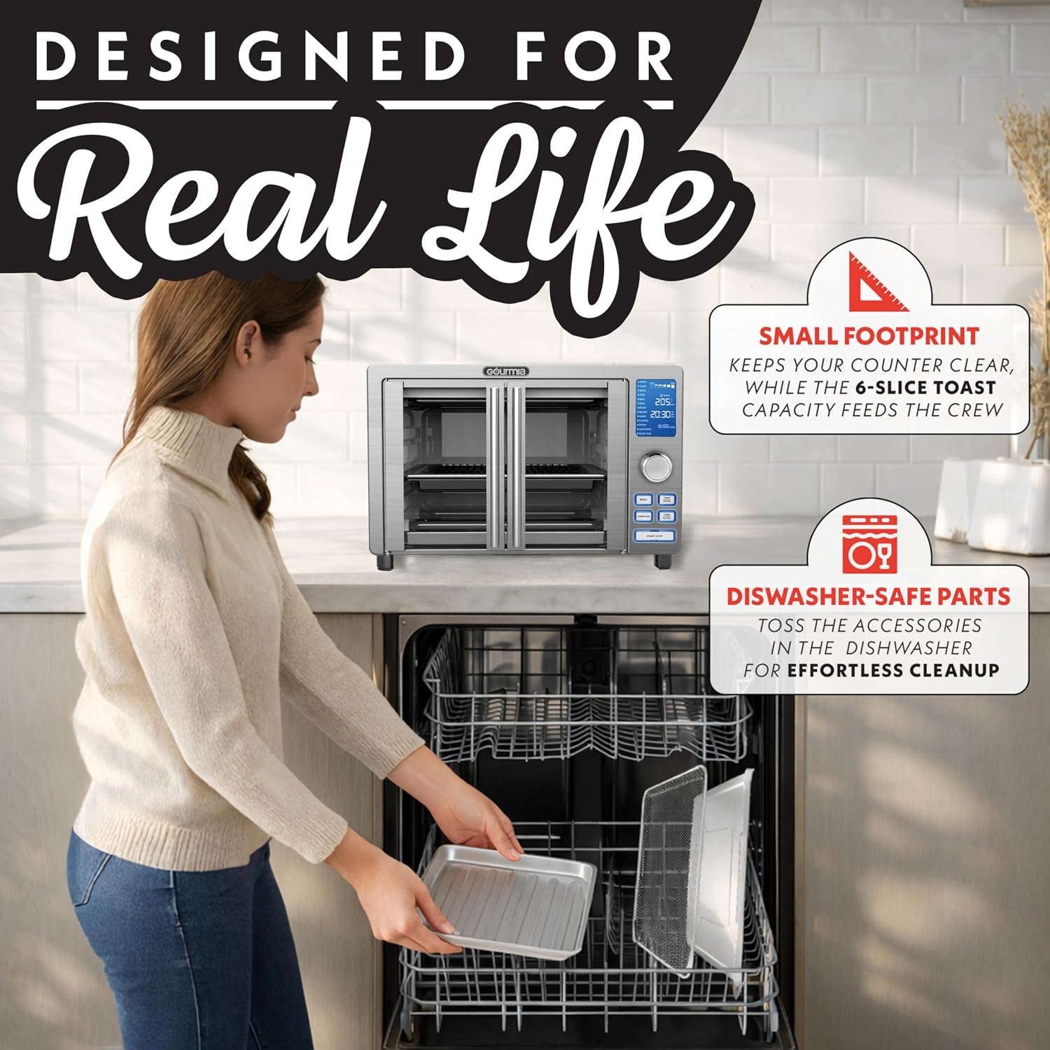 Gourmia Air Fryer French Door Toaster Oven - 6-Slice Capacity, LED Display with 14 Cooking Presets, Stainless Steel