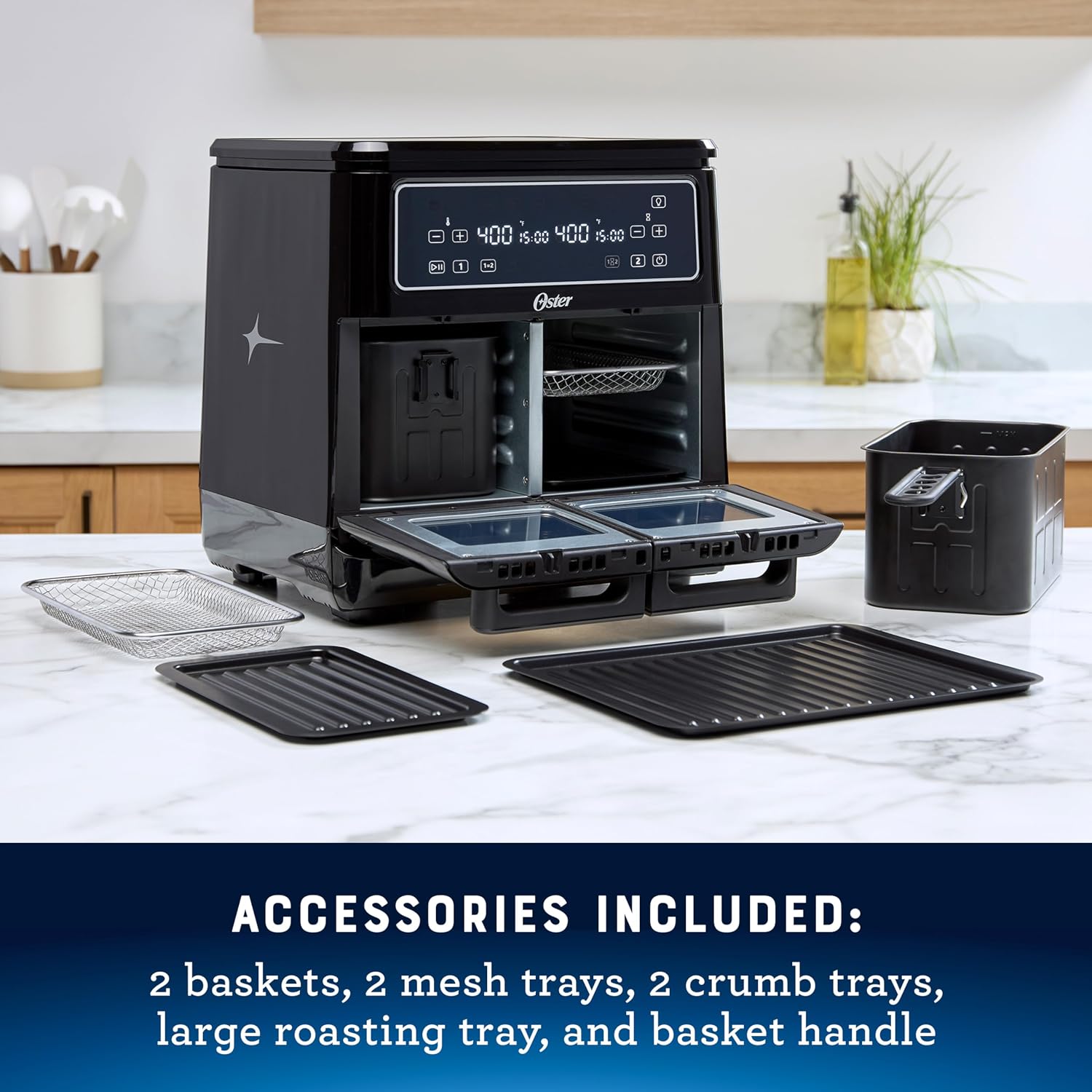 Oster 11-Quart Dual Air Fryer Oven with 2 Cooking Zones, Large Capacity Air Fryer with 6 Cooking Functions & 2 Baskets