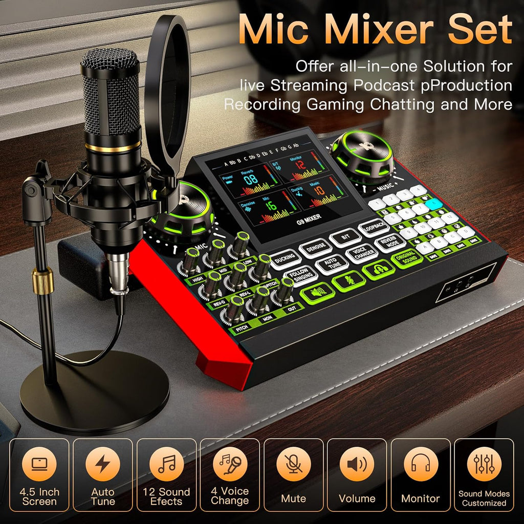 G9 Podcast Microphone Bundle with Live Sound Card Audio Mixer, Podcast Equipment Bundle Sound Board with 3.5mm Condenser Microphone for Pc/Phone Live Streaming Singing Gaming,Voice Changer, Denoise