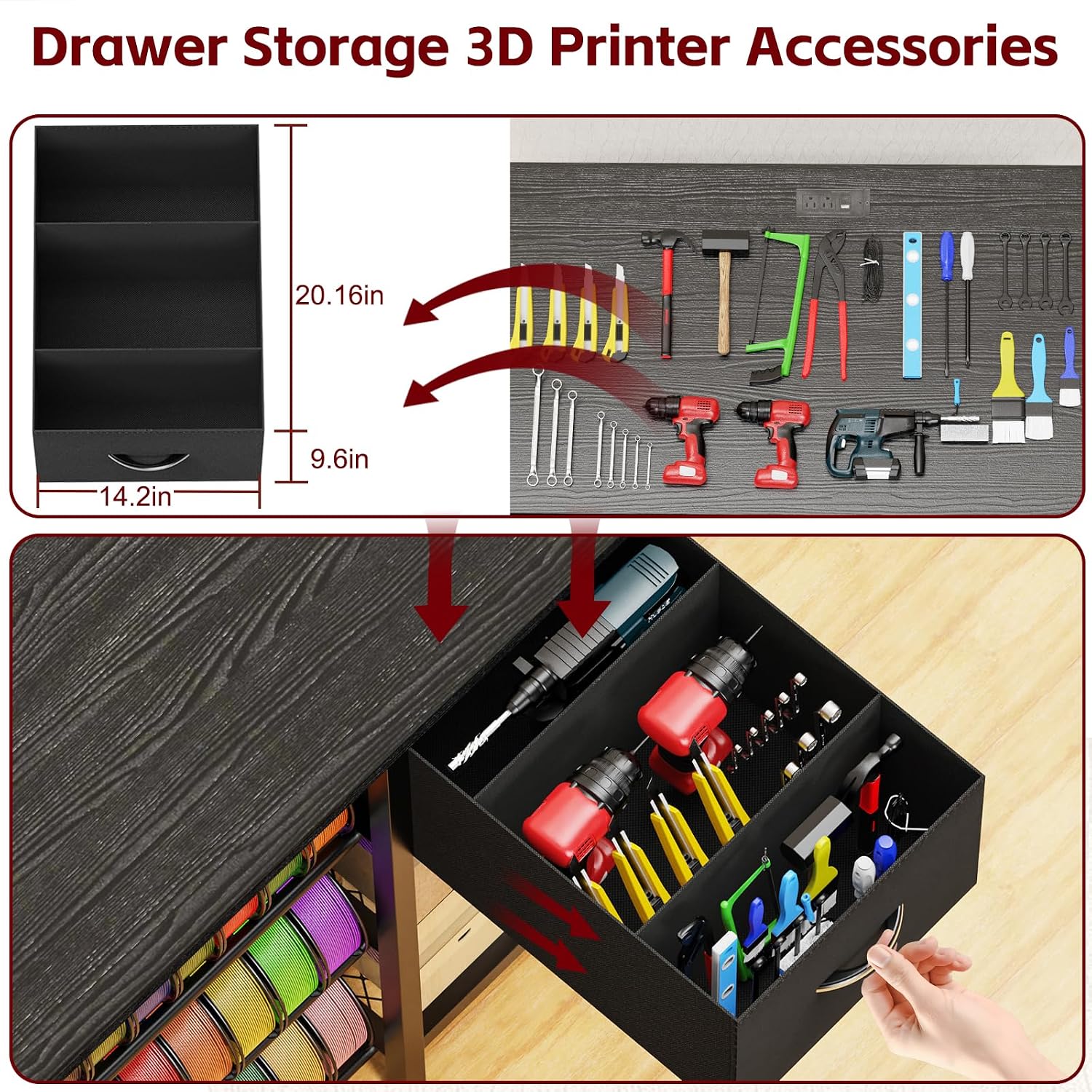 Frebomboo 3D Printer Filament Storage Rack, Black Versatile 3D Printer Stand Shelf with Drawer, Mobile 3-Tier Metal Filament Spool Holder, Perfect 3D Printer Cart Desk for Office Workshop Studio