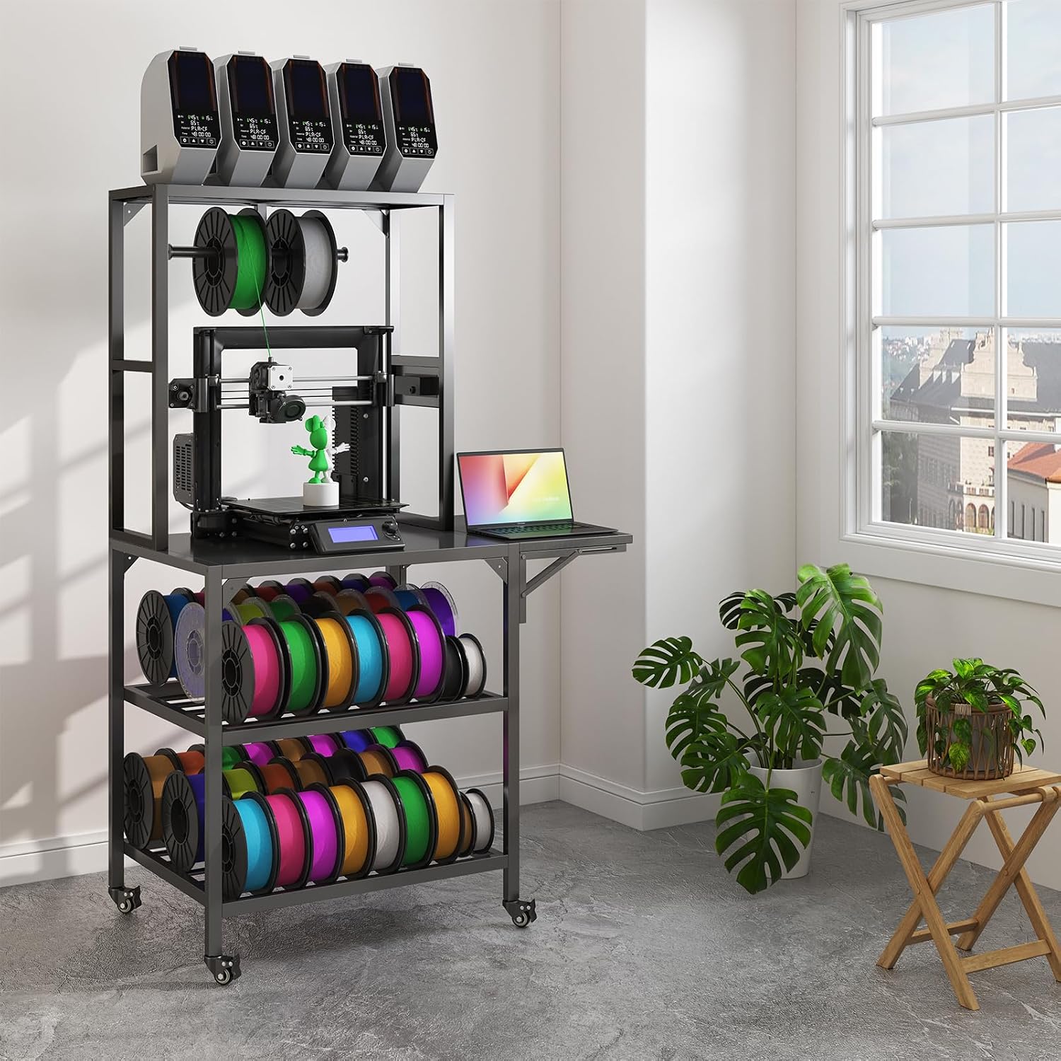 3D Printer Stand, Heavy Duty 3D Printer Table Stand with Filament Storage Rack, T-Shaped Spools Holder Rack with Wheels,3D Printer Workbench for 3D Printing Studio