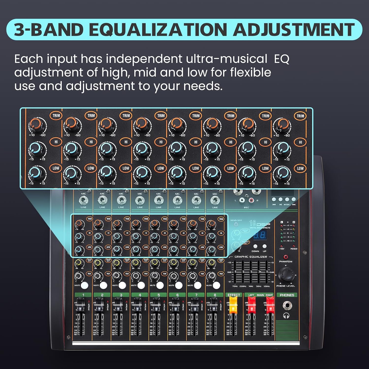 Audio Mixer 8 Channel, Professional Music Sound Mixer Board with 48V Phantom Power, Digital DJ Mixing Console with Reverb USB Port Bluetooth for Recording Karaoke Podcasting