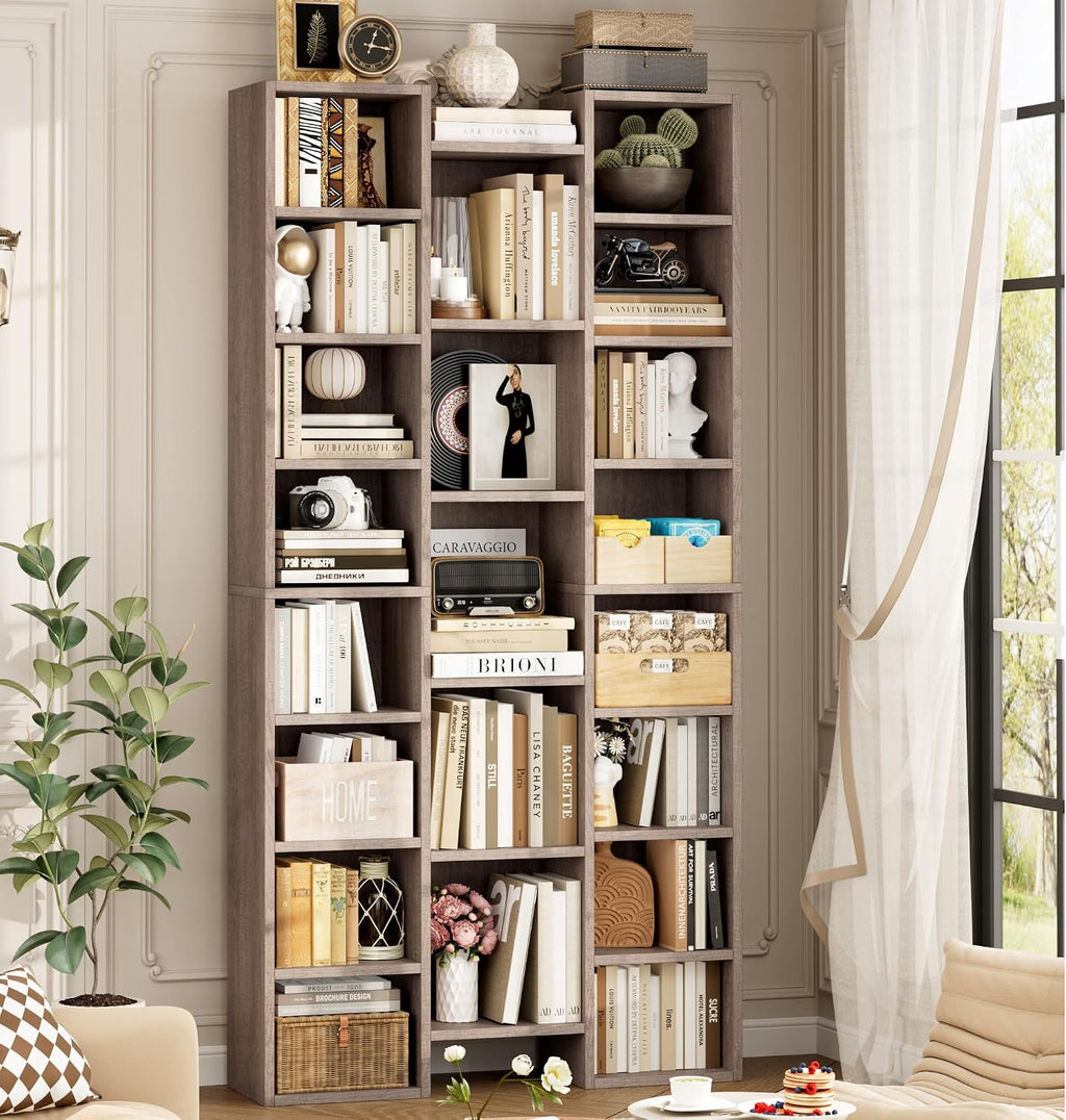 FOTOSOK 71'' Tall Bookshelf with 21 Cubes, 8 Tier Triple Wide Bookshelf with 8 Adjustable Shelves, 35' Large Bookcase DVD/CD Media Tower Storage, Freestanding Display Shelf Cabinet, Oak