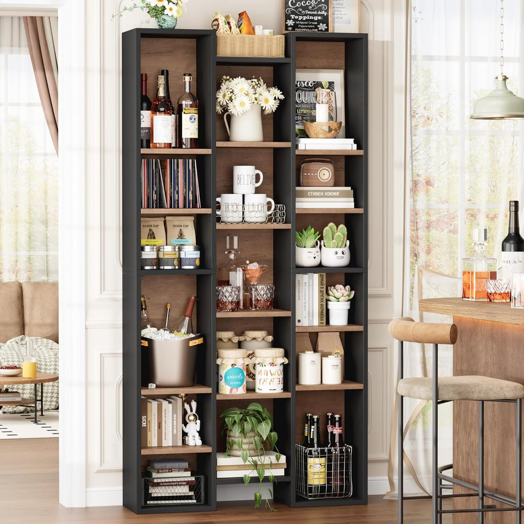 FOTOSOK 71'' Tall Bookshelf with 21 Cubes, 8 Tier Triple Wide Bookshelf with 8 Adjustable Shelves, 35' Large Bookcase DVD/CD Media Tower Storage, Freestanding Display Shelf Cabinet, Black/Brown