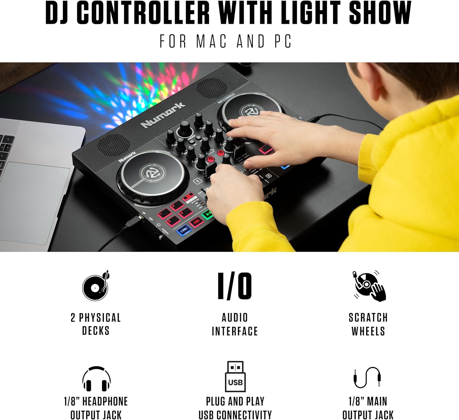 Numark Party Mix Live DJ Controller with Speakers, Lights, 2 Decks, Mixer, Audio Interface and Serato Lite