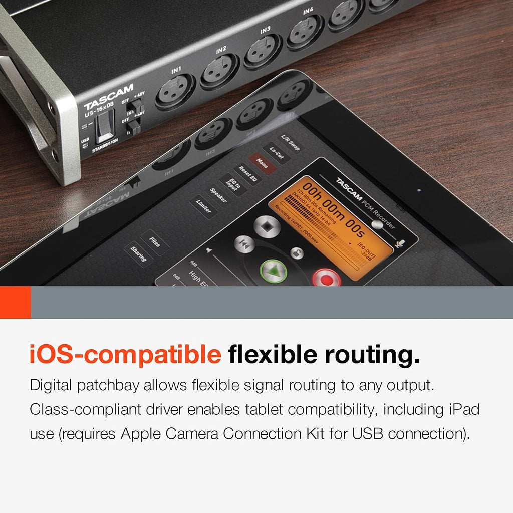 Tascam US-16x08 Rackmount USB Audio/MIDI Interface for Recording, Drum Recording, 8 XLR/8 1/4' Inputs, 8 Outputs, Control Software,Black
