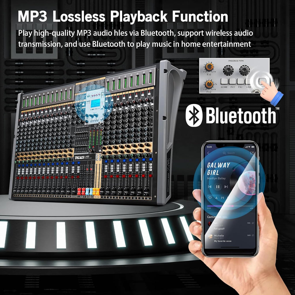 24 Channel Multi-Input Audio Mixer, High Capacity Mixing Console with USB Interface, 99 DSP Effects, 48V Phantom Power, XLR Inputs for Complex Audio Setup