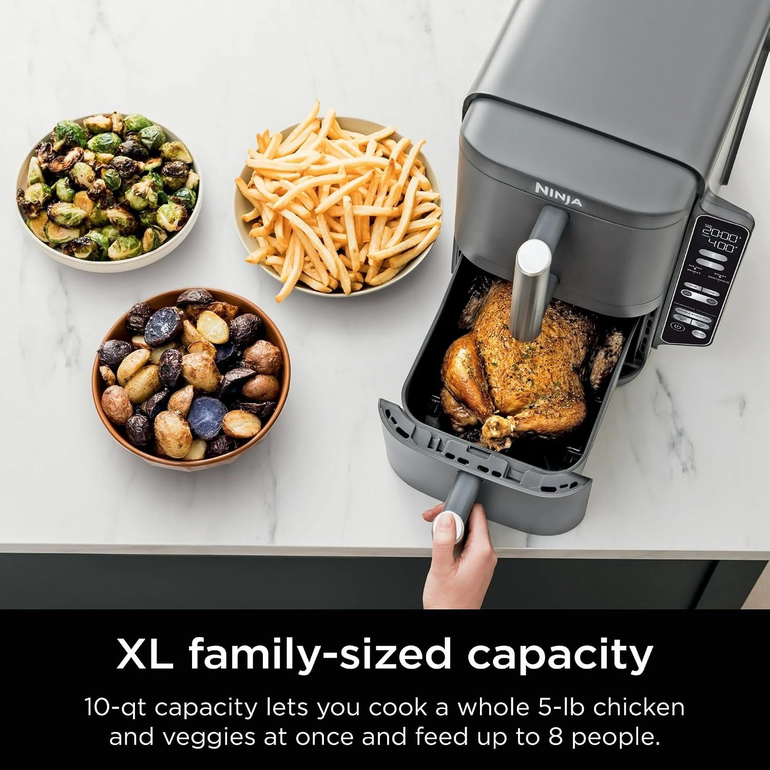 Ninja SL400 DoubleStack XL 2-Basket Air Fryer, 10 QT, Cooks 4 Foods at Once, Compact Design, 4-in-1, Smart Finish & Match Cook, Air Fry, Broil, Bake, Easy Meals, Easy Clean, Grey (Renewed)