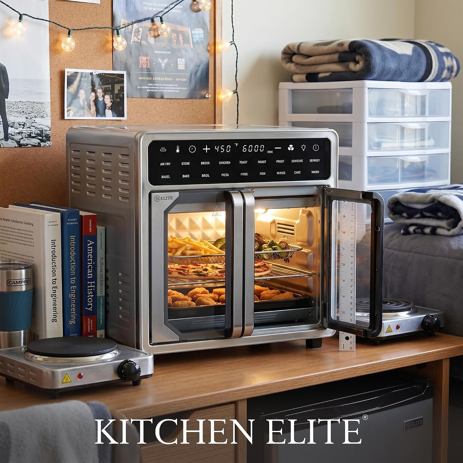 Kitchen Elite 16 Quart French Door Air Fryer Oven – Family Size Countertop Convection Cooker with LED Display, Stainless Steel