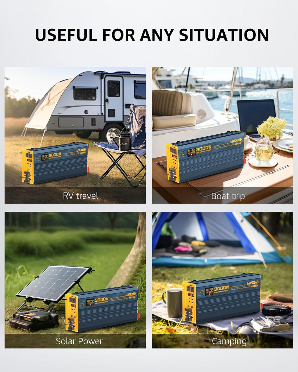 3000W Pure Sine Wave Power Inverter DC 12V to 110V 120V with Fast Charging Type-C& 3 USB Ports LCD Display Remote Controller Power Inverters for Vehicles,RV,Truck,Home,Off-Grid Solar System