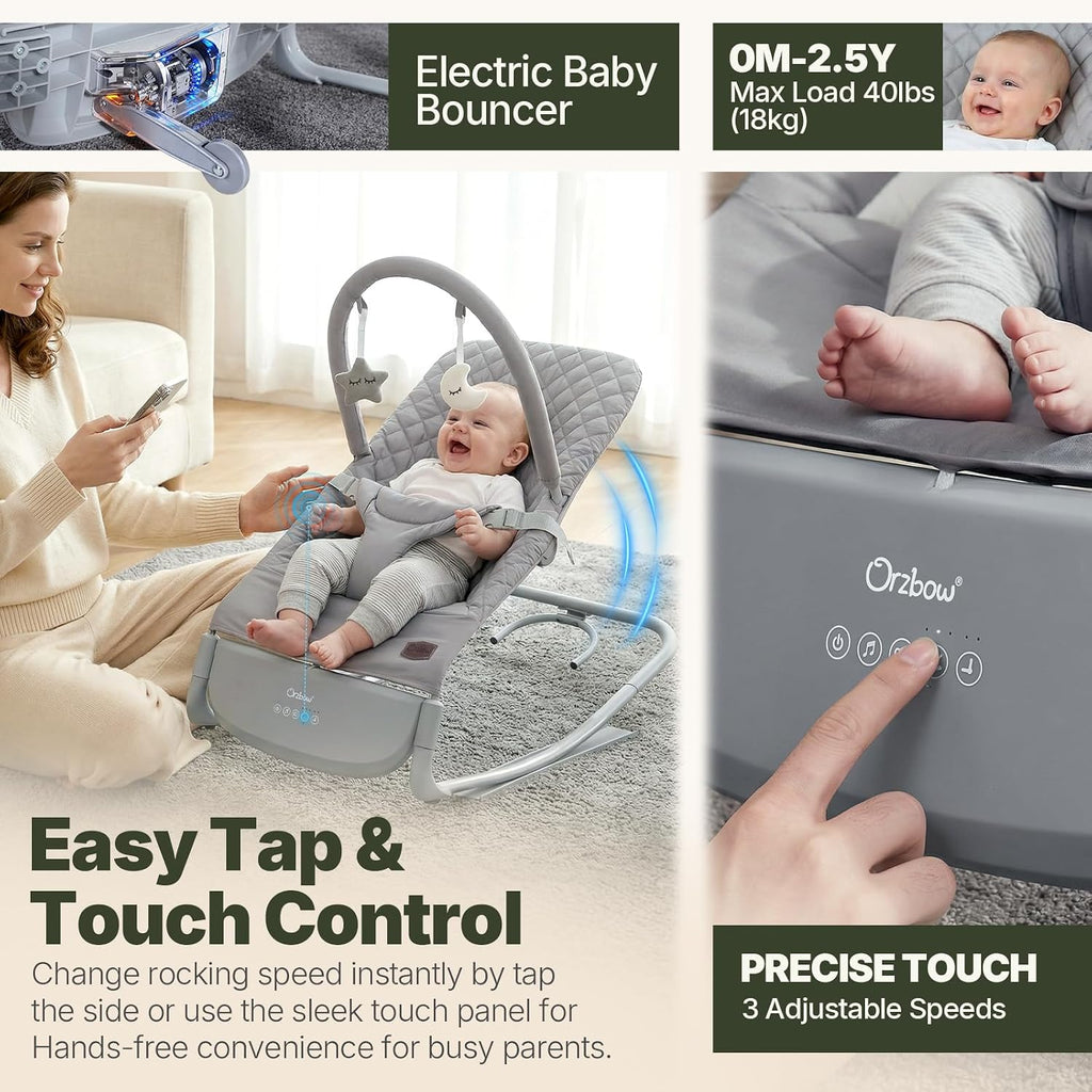 Orzbow Electric Baby Rocker with Innovative Auto Rocking Motion, Adaptable 3-Speed, Smart Tap Sensing, Soothing Sounds, and 3 Recline Positions, 2-in-1 Automatic Baby Rocker Chair, Grey