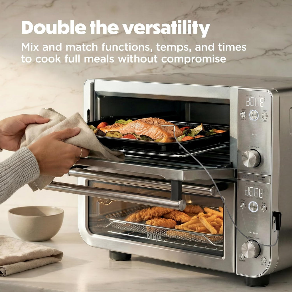 Ninja Double Oven Pro Smart XL Countertop Oven & Air Fryer with Thermometer | 30.2 Qt | 12-in-1 with Smart Finish & DualZone Tech to Cook 2 Meals at Once | Fits up to 4.5lb Chicken | Silver | DCT871