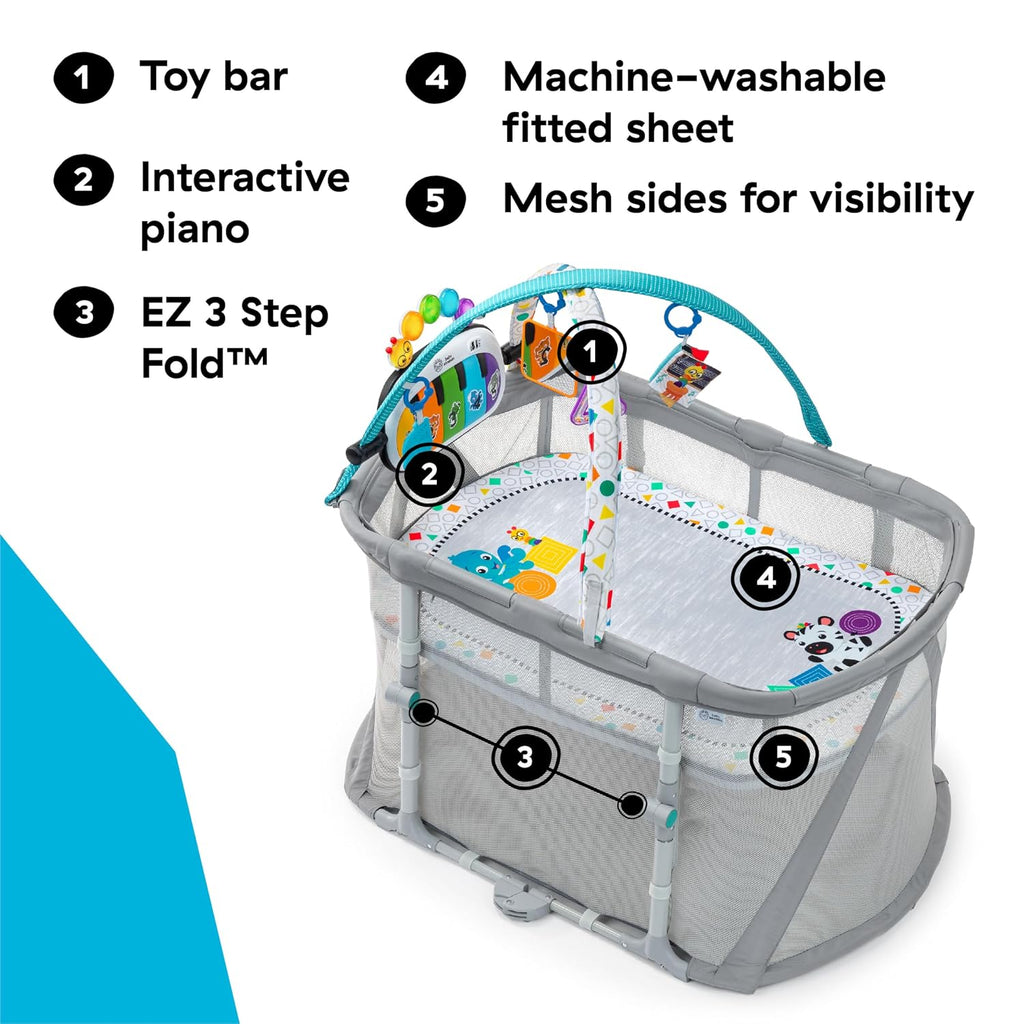Baby Einstein Kick & Snooze 3-in-1 Foldable Playard, Bassinet and Musical Play Gym, Includes Fitted Sheet, 3-Step Easy Fold, Piano Toy with 25+ Minutes of Music, Grows with Baby, Ages 0 Months and Up