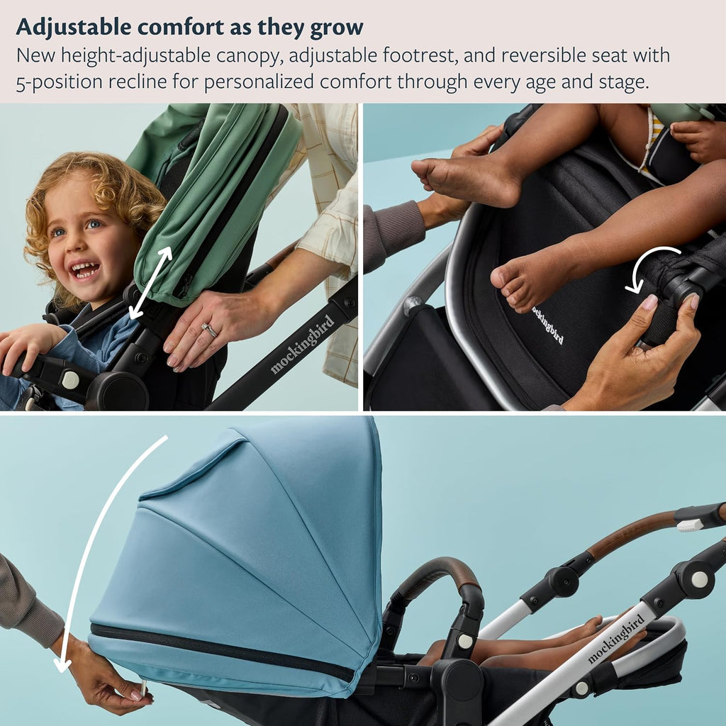 Mockingbird Single-to-Double Stroller 3.0 - Convertible Full Size Baby Stroller for 1, 2, or 3 Kids with 44 Possible configurations, Travel System Compatible - Sage