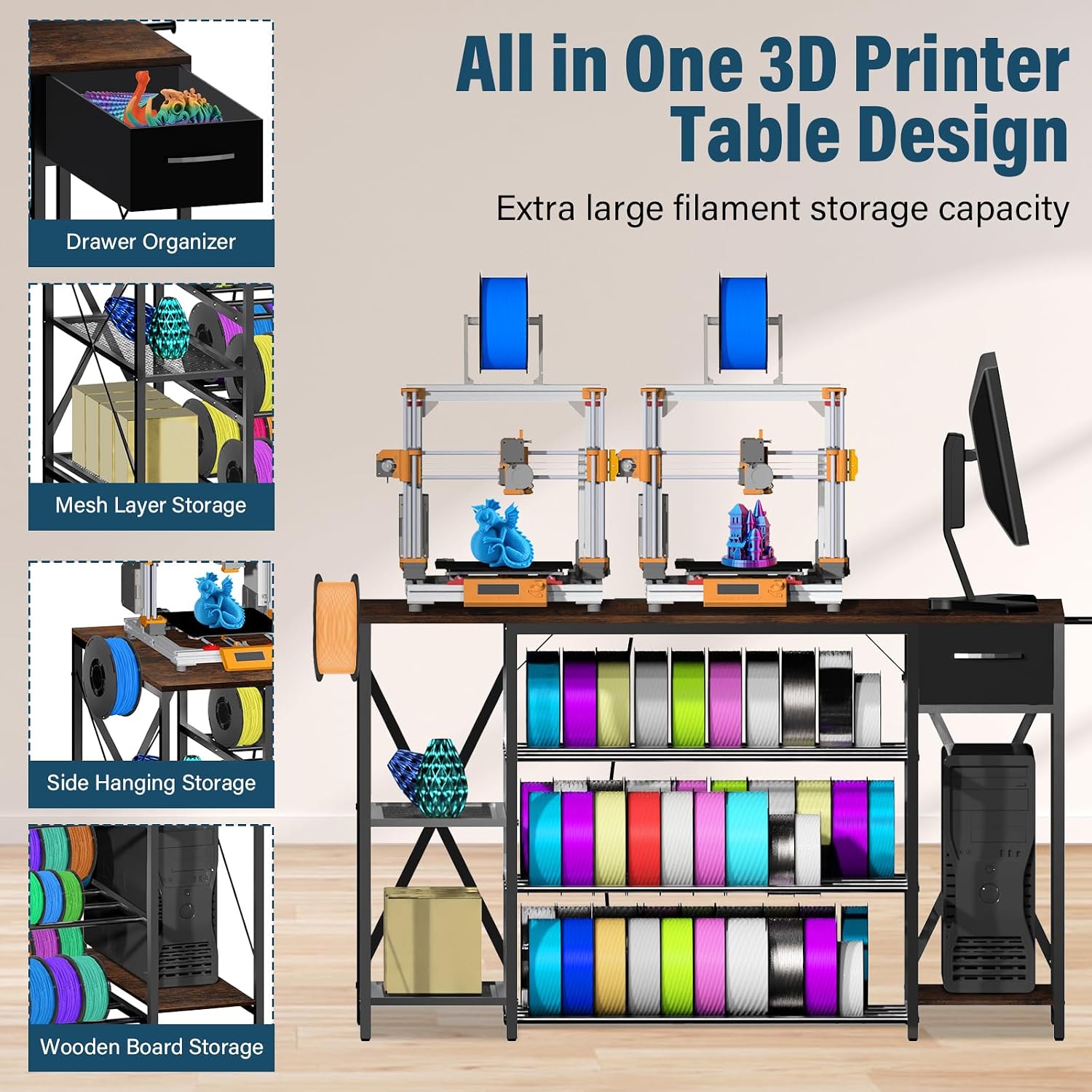 Heavy Duty 3D Printer Table with Storage, Large 4-Tier 3D Printer Stand with Power Outlet & Drawer, Sturdy Wooden Desk & Metal Filament Rack for Workshop, Home Office