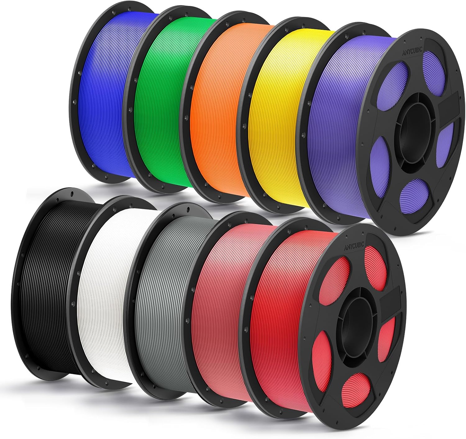 ANYCUBIC PLA Plus (PLA+), 3D Printer Filament 1.75mm Bundle, High Toughness, 1KG Spool, Black, White, Texture Grey, Pink, Red, Blue, Green, Orange, Yellow, Purple, 10KG in Total