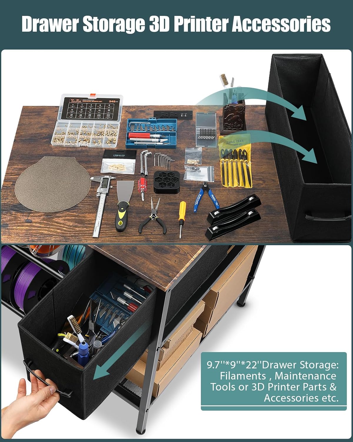 3D Printer Table with Filaments Storage - 3D Printer Stand Filament Storage Rack Heavy Duty 3D Printer Desk with Drawer for Workshop Studio Office (Brown)