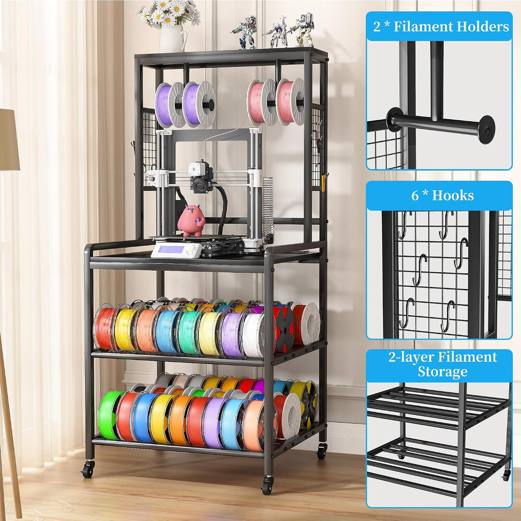 kepptory 3D Printer Stand with Filament Storage, Heavy Duty 3D Printer Table with Charging Station, Rolling Printer Cart Filament Storage Rack for PLA, ABS, PETG for Workshop/Office/Garage (Black)